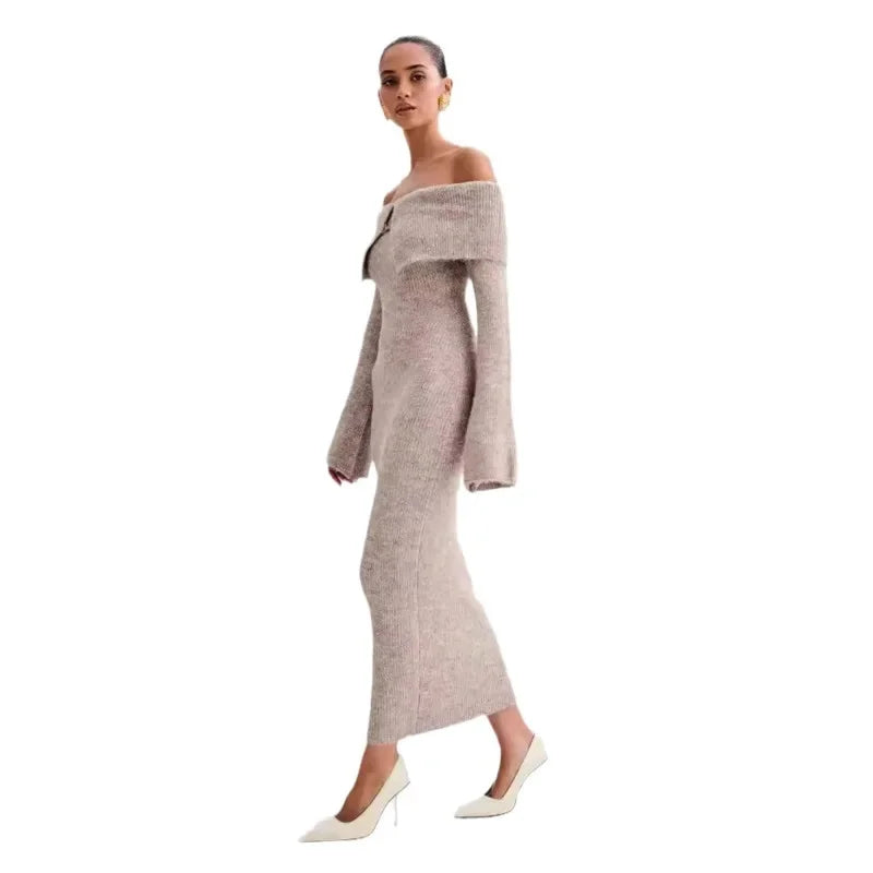 Luxury Fluffy Solid Knitted Off Shoulder Midi Dress Women 2024 Fall Winter Elegant Bodycon Flared Long Sleeve Sweater Long Dress