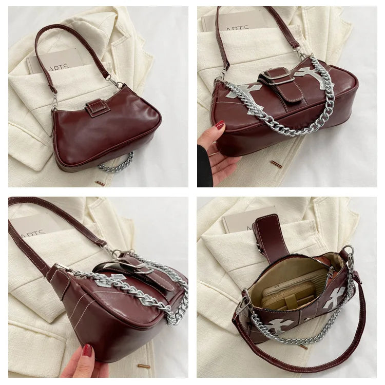 Cool Chain Y2k Girls Underarm Bags Simple Pu Leather Women's Small Shoulder Bag Fashion Retro Female Clutch Handbags Purse