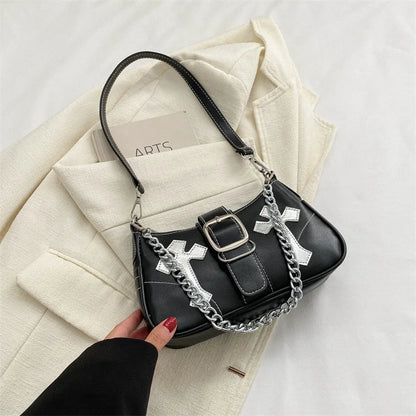 Cool Chain Y2k Girls Underarm Bags Simple Pu Leather Women's Small Shoulder Bag Fashion Retro Female Clutch Handbags Purse