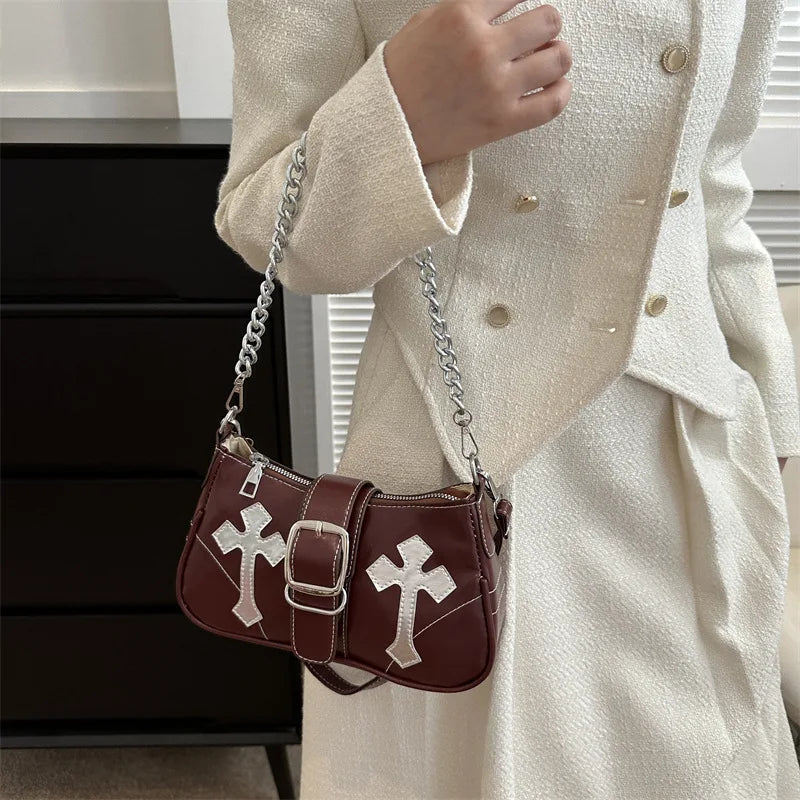 Cool Chain Y2k Girls Underarm Bags Simple Pu Leather Women's Small Shoulder Bag Fashion Retro Female Clutch Handbags Purse