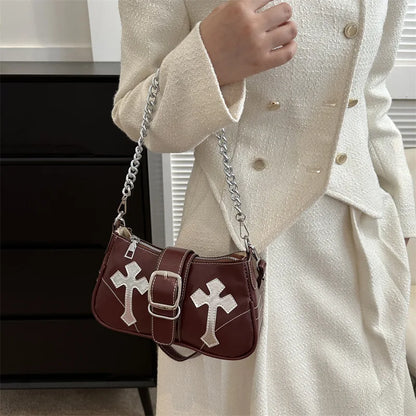 Cool Chain Y2k Girls Underarm Bags Simple Pu Leather Women's Small Shoulder Bag Fashion Retro Female Clutch Handbags Purse