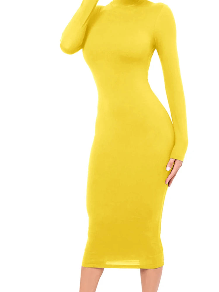 Winter Black Turtleneck Sexy Women Dress Autumn Long Sleeve Skinny Midi Boydcon Casual Blue Plush Knee-Length Party