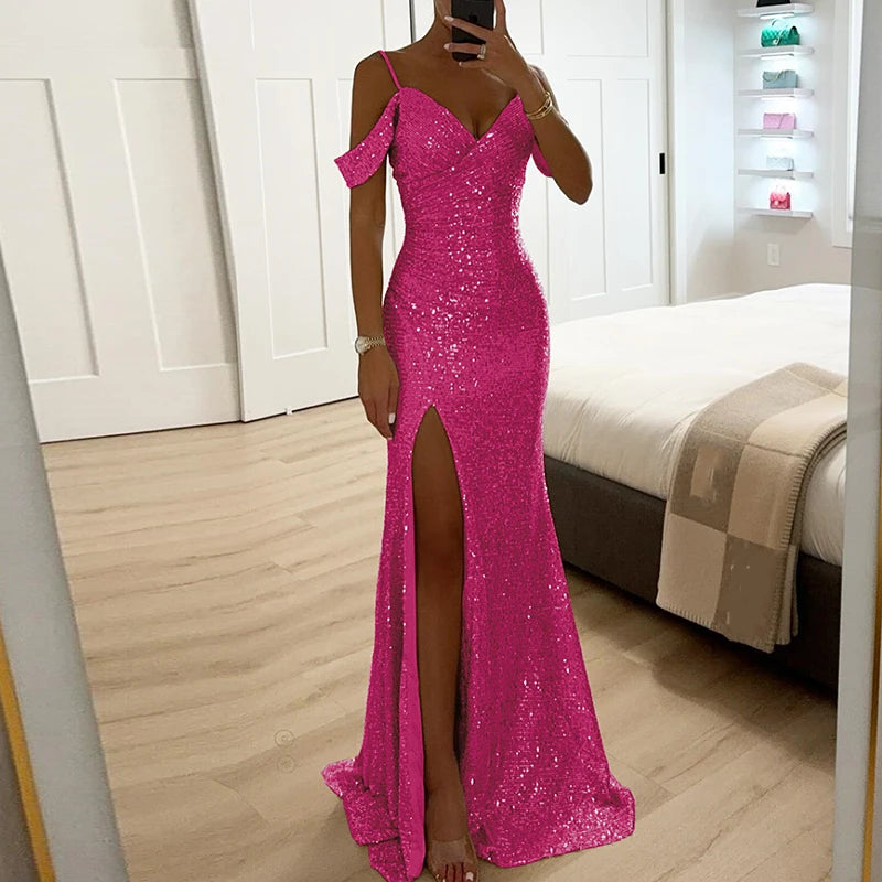 Luxury Glitter Sequins Evening Gala Dress Women Banquet   Hollow Shoulder Hips Bag Dress Elegant V-neck Full Length Party Dress