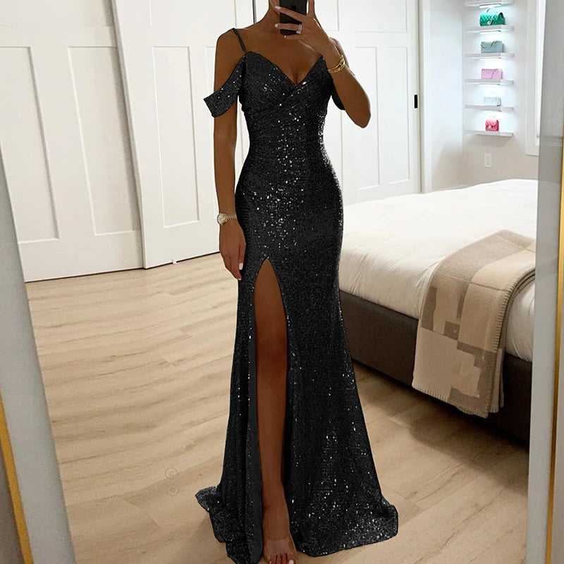 Luxury Glitter Sequins Evening Gala Dress Women Banquet   Hollow Shoulder Hips Bag Dress Elegant V-neck Full Length Party Dress