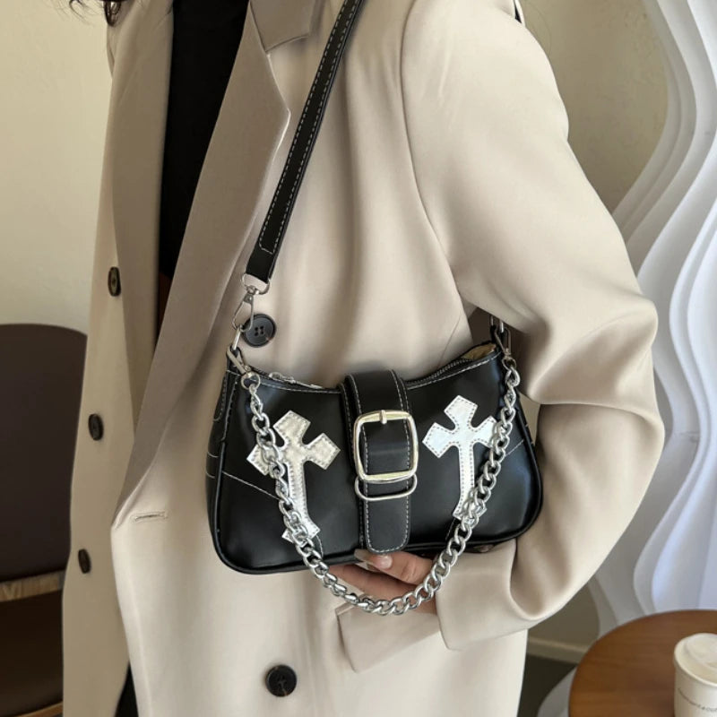 Cool Chain Y2k Girls Underarm Bags Simple Pu Leather Women's Small Shoulder Bag Fashion Retro Female Clutch Handbags Purse