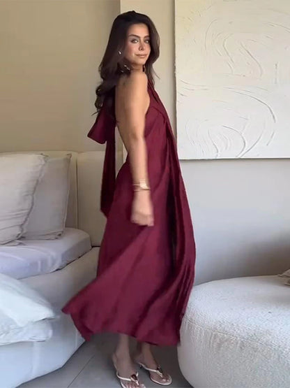 Fashion Wine Red Halter Long Dress For Women Sexy Backless Sleeveless High Split Maxi Dress Summer Vacation Chic Beach  Vestidos