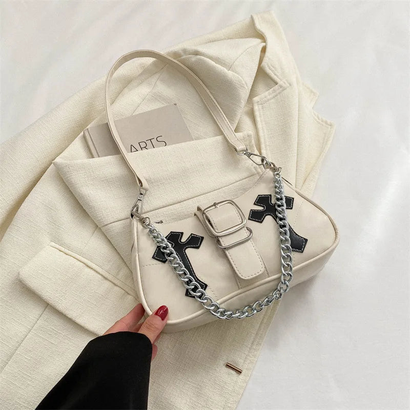 Cool Chain Y2k Girls Underarm Bags Simple Pu Leather Women's Small Shoulder Bag Fashion Retro Female Clutch Handbags Purse