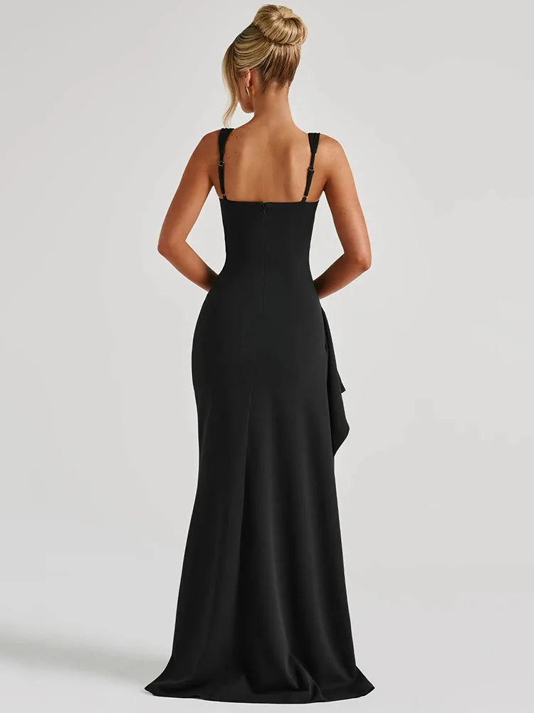 Mozision Black Backless Sexy Maxi Dress For Women Gown Spaghetti Strap Sleeveless Thigh High Split Club Evening Long Dress