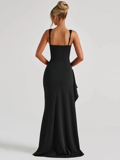 Mozision Black Backless Sexy Maxi Dress For Women Gown Spaghetti Strap Sleeveless Thigh High Split Club Evening Long Dress