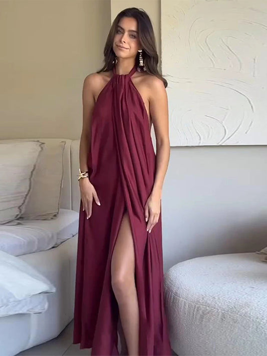 Fashion Wine Red Halter Long Dress For Women Sexy Backless Sleeveless High Split Maxi Dress Summer Vacation Chic Beach  Vestidos