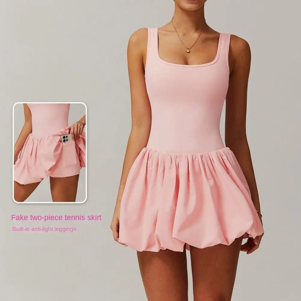 Hot Sale Sleeveless Sports Dress Short with Underpants Fitness Tennis Skirt Anti-exposure Nude Yoga Set Running