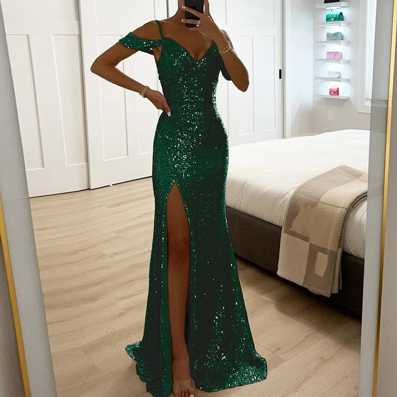 Luxury Glitter Sequins Evening Gala Dress Women Banquet   Hollow Shoulder Hips Bag Dress Elegant V-neck Full Length Party Dress