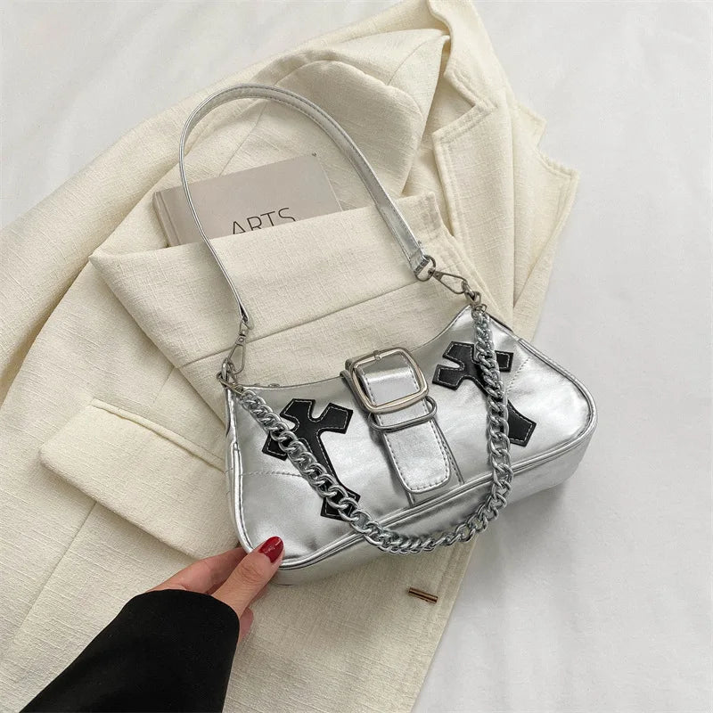Cool Chain Y2k Girls Underarm Bags Simple Pu Leather Women's Small Shoulder Bag Fashion Retro Female Clutch Handbags Purse