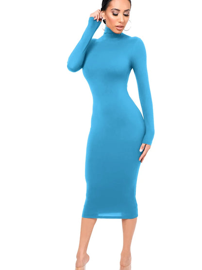Winter Black Turtleneck Sexy Women Dress Autumn Long Sleeve Skinny Midi Boydcon Casual Blue Plush Knee-Length Party