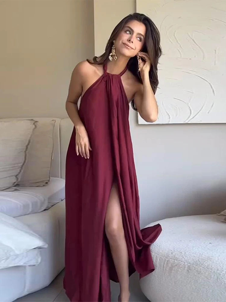 Fashion Wine Red Halter Long Dress For Women Sexy Backless Sleeveless High Split Maxi Dress Summer Vacation Chic Beach  Vestidos