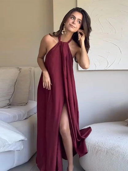Fashion Wine Red Halter Long Dress For Women Sexy Backless Sleeveless High Split Maxi Dress Summer Vacation Chic Beach  Vestidos