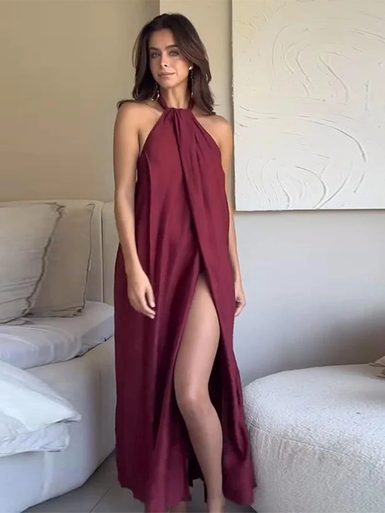 Fashion Wine Red Halter Long Dress For Women Sexy Backless Sleeveless High Split Maxi Dress Summer Vacation Chic Beach  Vestidos