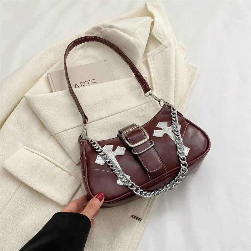Cool Chain Y2k Girls Underarm Bags Simple Pu Leather Women's Small Shoulder Bag Fashion Retro Female Clutch Handbags Purse