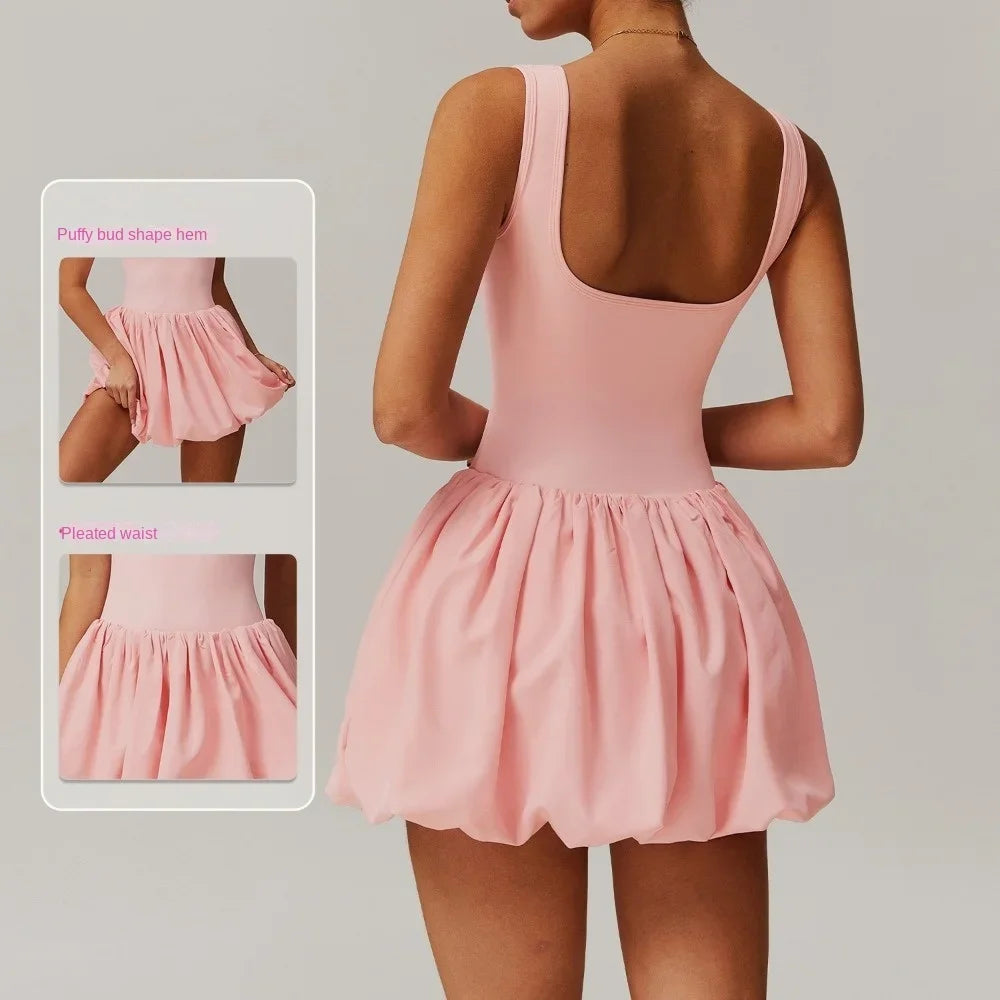 Hot Sale Sleeveless Sports Dress Short with Underpants Fitness Tennis Skirt Anti-exposure Nude Yoga Set Running