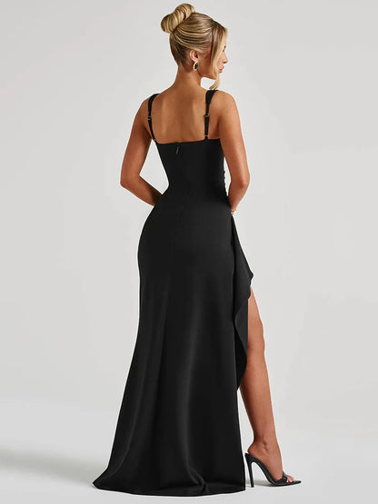 Mozision Black Backless Sexy Maxi Dress For Women Gown Spaghetti Strap Sleeveless Thigh High Split Club Evening Long Dress
