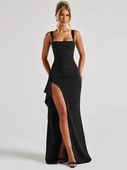 Mozision Black Backless Sexy Maxi Dress For Women Gown Spaghetti Strap Sleeveless Thigh High Split Club Evening Long Dress